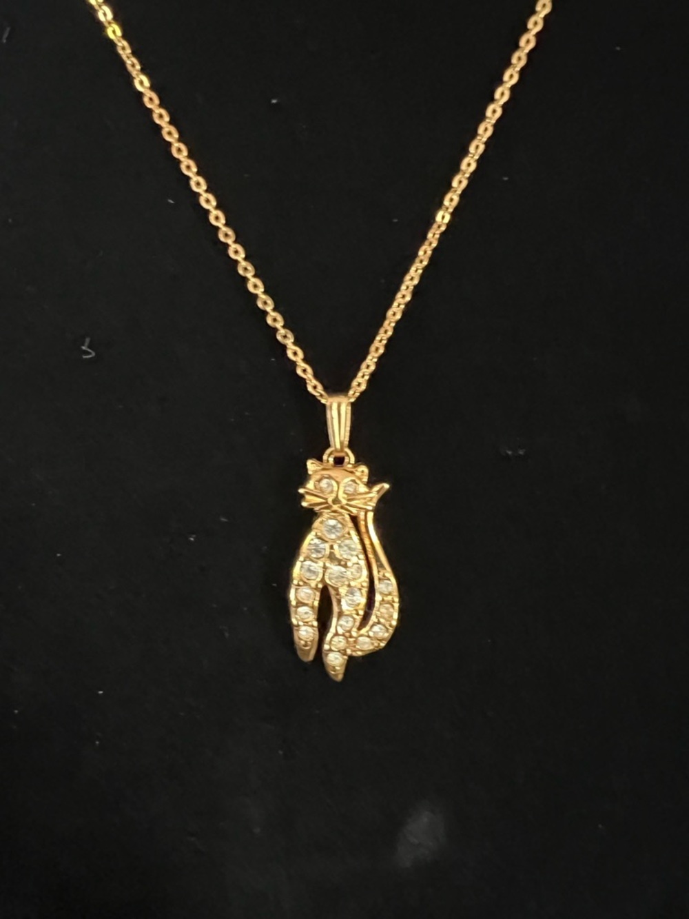 Avon Gold Cat Pendant Necklace with Clear Crystals
